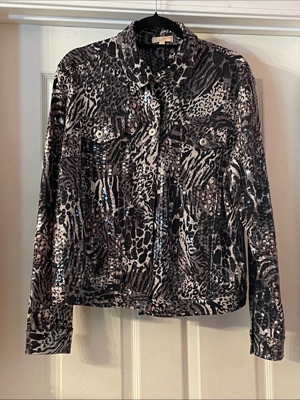 Women's Sequin Animal Print Button Down - Black/Grey